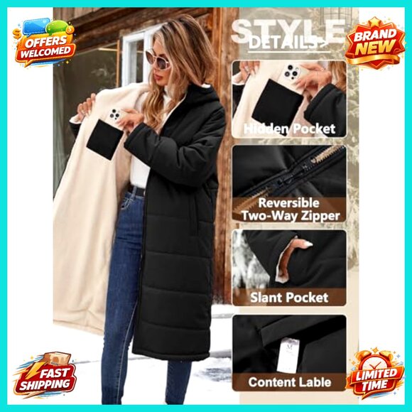 Long Quilted Puffer Jacket Reversible Sherpa Fleece Lined Hooded Winter Coat - Picture 5 of 7